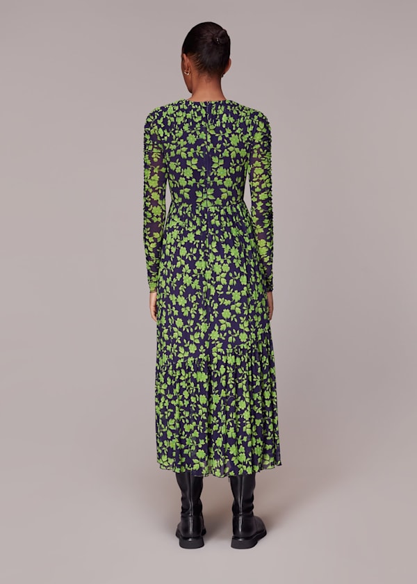 Green Linear Floral Mesh Dress